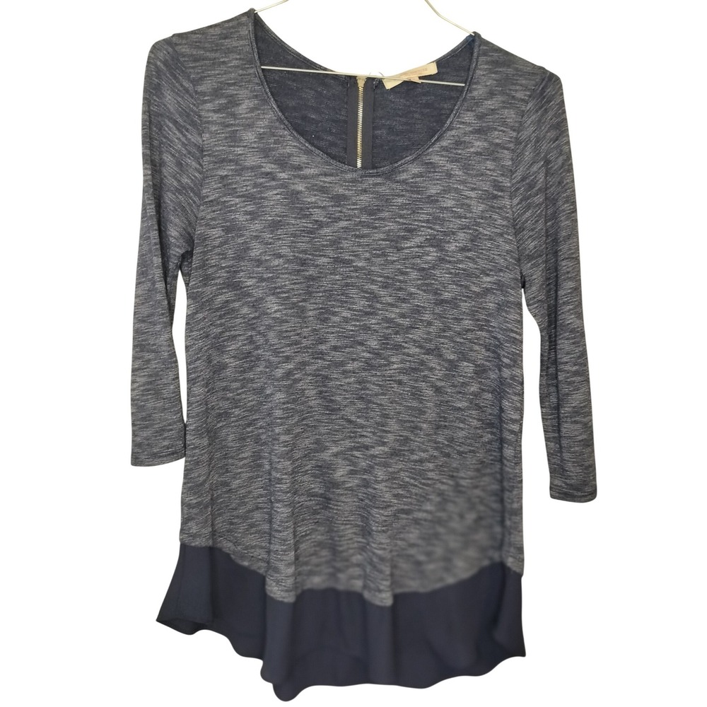 Casual Couture Heathered Knit Tunic Top with Chiffon Hem Gold Zipper Women's Med